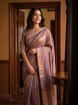 Semi Silk Mauve Dusty Rose Self-Tone Zari Striped Saree