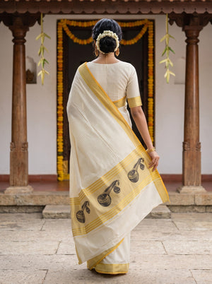 Cotton Cream Checkered Golden Orange Border Onam Special Kerala Saree
