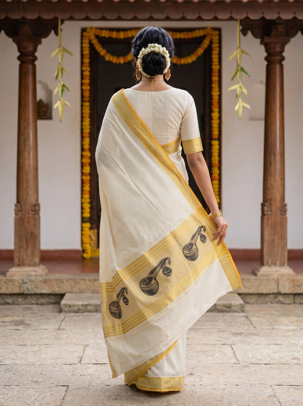 Cotton Cream Checkered Golden Orange Border Onam Special Kerala Saree