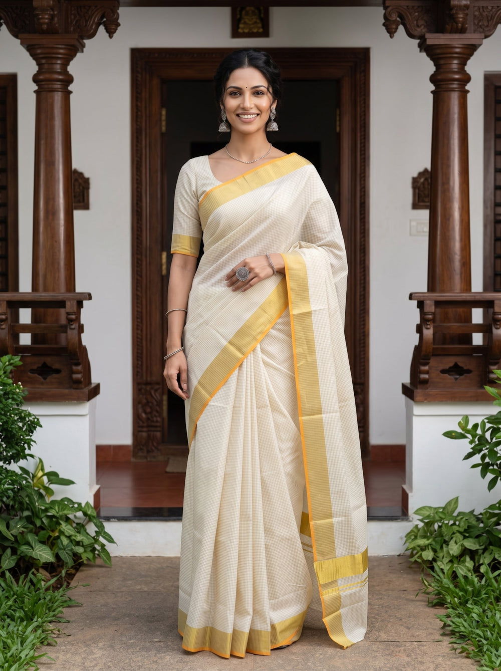 Cotton Cream Self Check Kasavu Onam Special Kerala Saree