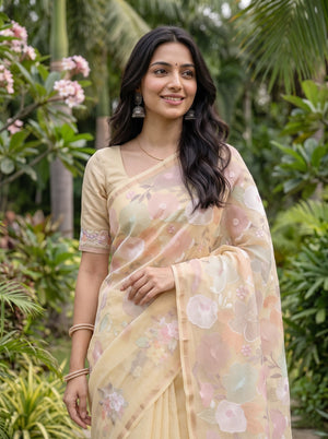 Mul Chanderi Lemon Yellow Pastel Floral Embroidery Pinstripe Pallu