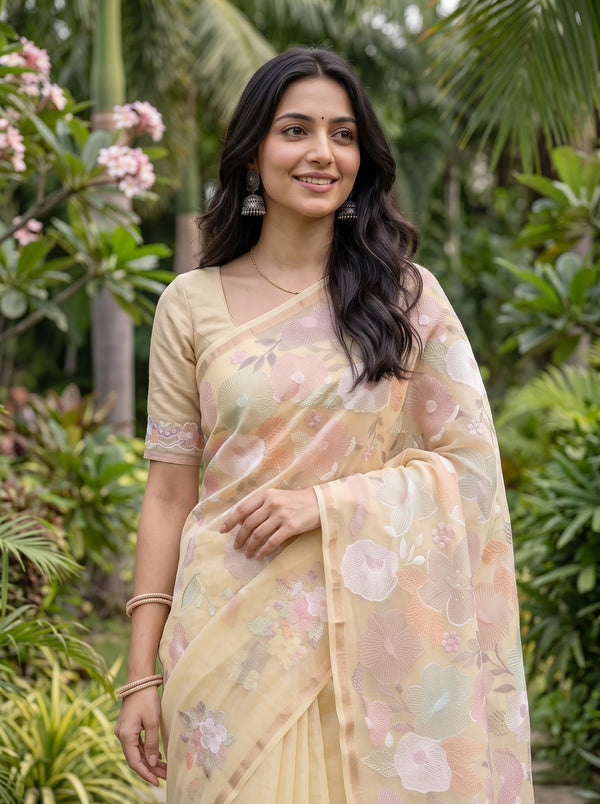 Mul Chanderi Lemon Yellow Pastel Floral Embroidery Pinstripe Pallu