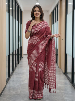 Cotton Maroon White Polka Dot Print Saree