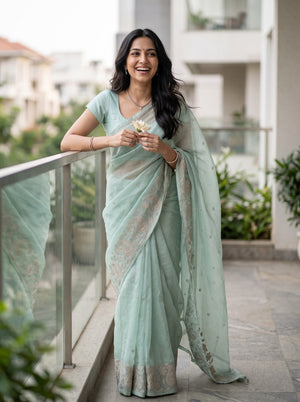 Organza Sage Green Paisley Floral Vine Embroidered Pallu