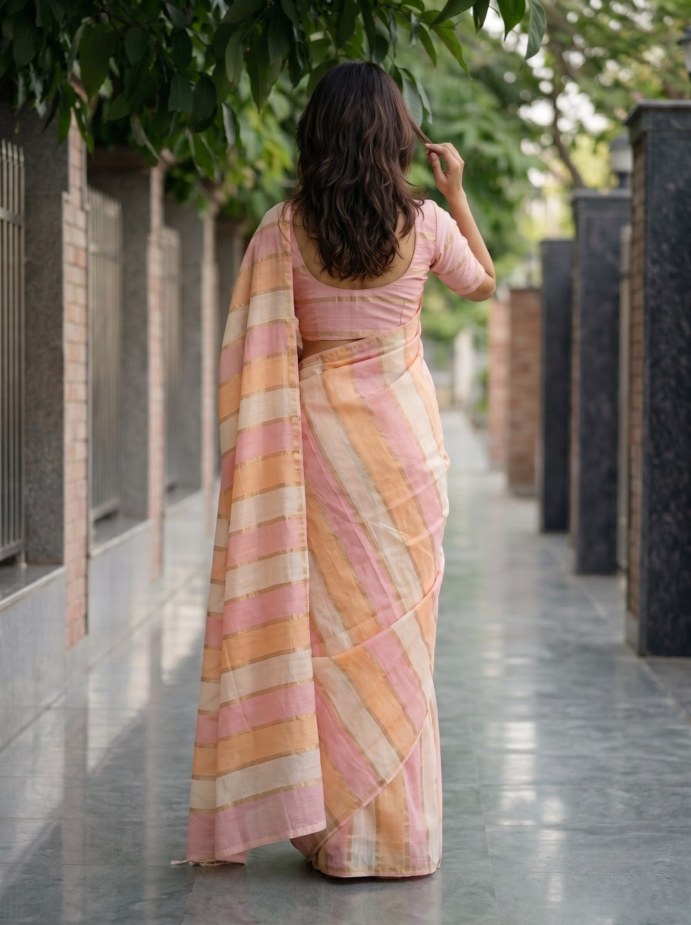 Chanderi Cotton Pastel Ombre Stripe Saree with Golden Zari Lines