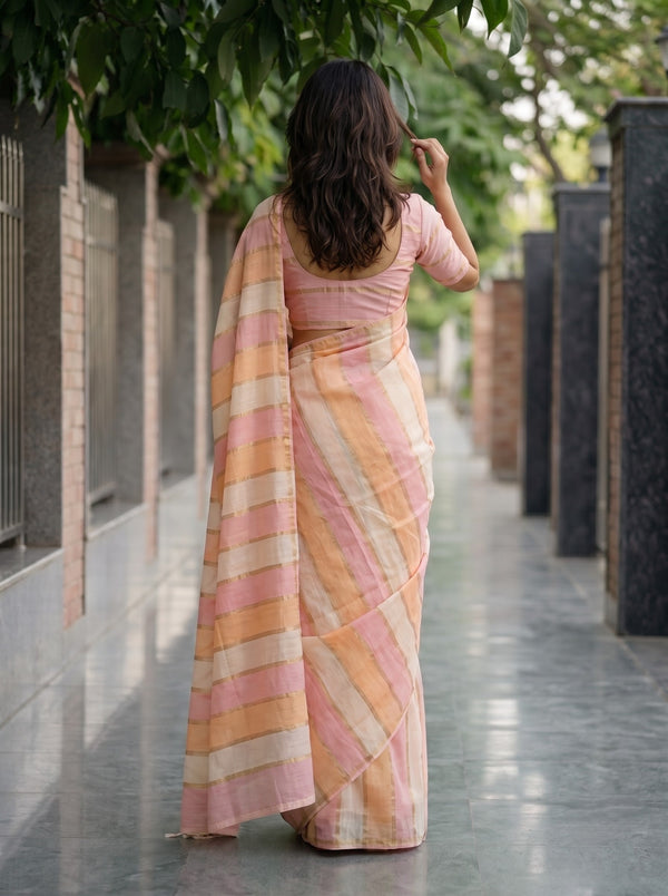 Chanderi Cotton Pastel Ombre Stripe Saree with Golden Zari Lines