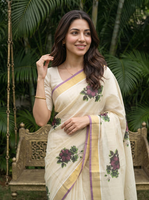 Tissue Cream Kerala Saree with Purple Floral Print Pallu, Golden Zari and Purple Border