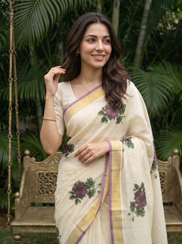 Tissue Cream Kerala Saree with Purple Floral Print Pallu, Golden Zari and Purple Border