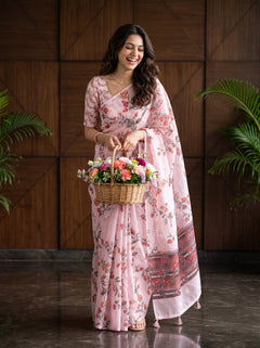 Organza Baby Pink Red Floral Print Striped Pallu Zari Embroidered Tassels Saree