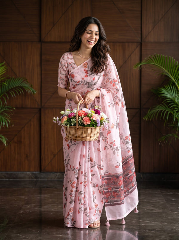 Organza Baby Pink Red Floral Print Striped Pallu Zari Embroidered Tassels Saree