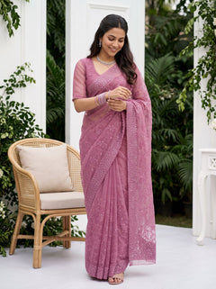 Organza Magenta Pink Floral Vine Sequin Embroidery Scalloped Lace Border Saree