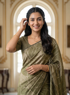 Semi Silk Olive Gold Self-Tone Geometric Print Saree with Tassels