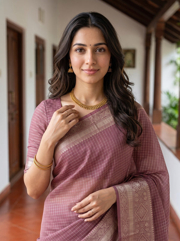 Semi Chanderi Mauve Pink Self Check Golden Zari Geometric Border Saree