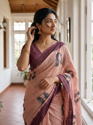 Cotton Peach Saree with Charcoal Face Print and Wine Ombre Border