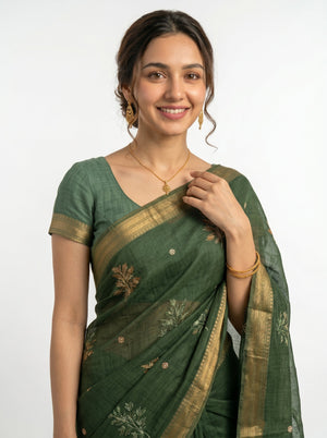 Chanderi Silk Bottle Green Embroidered Zari Border Saree