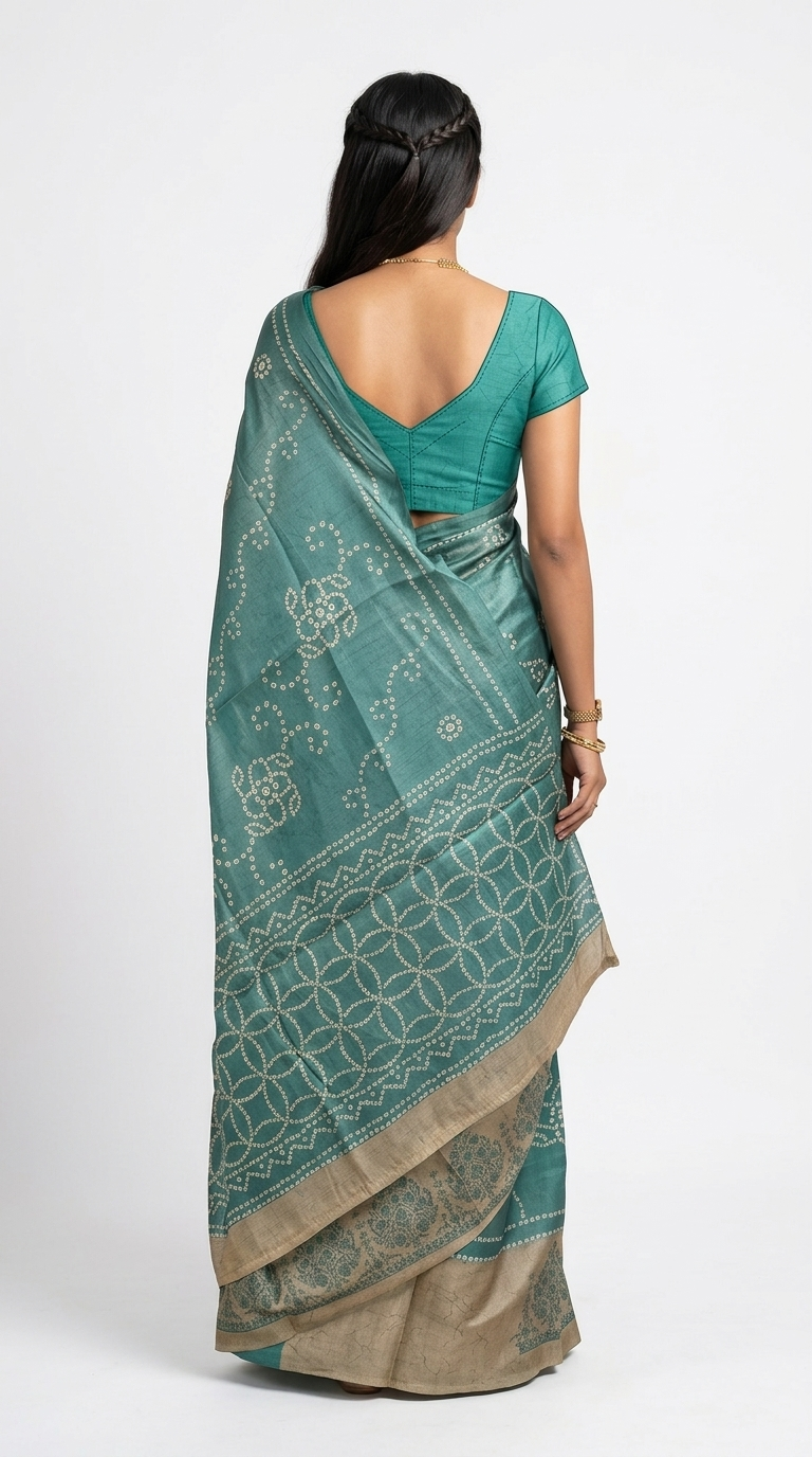 Woman in a teal saree walking on a path with greenery in the background