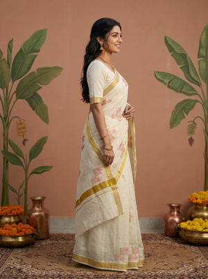 Cotton Cream Coral Pink Floral Embroidery Onam Special Kerala Saree with Golden Zari Border