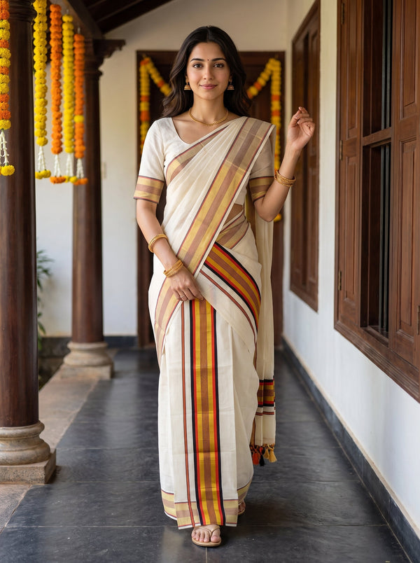 A woman wearing a cream-colored cotton saree with orange, yellow, and red stripes, standing in a traditional corridor decorated with marigold garlands.