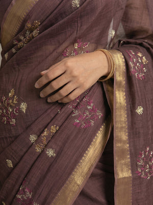 Chanderi  Wine Brown Embroidered Border Saree