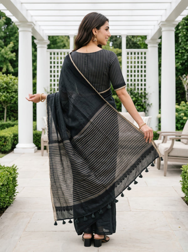 Linen Black Saree with Zari Striped Pallu & Tassels