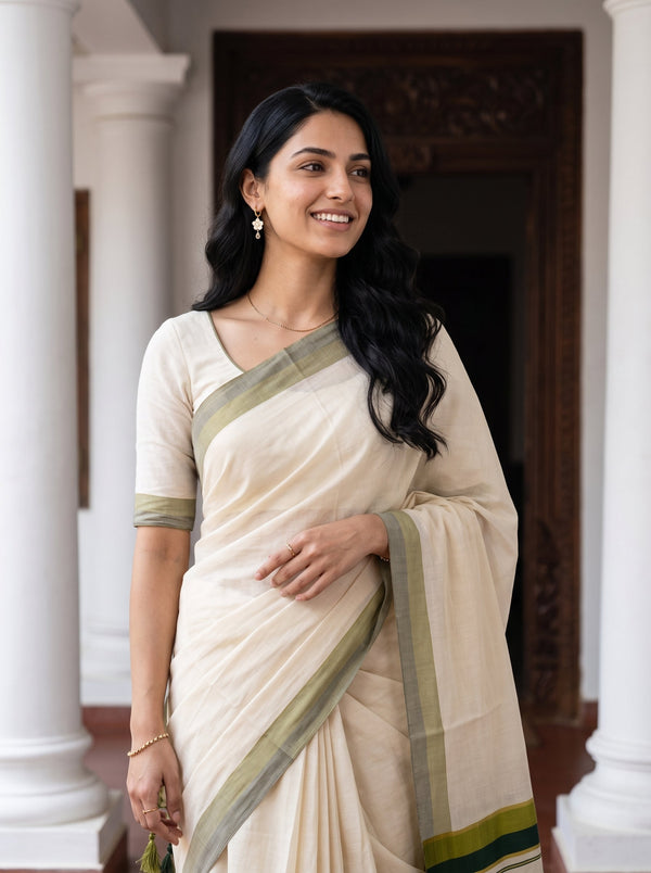 Tissue Cream Olive Green Tasseled Border Onam Kerala Saree