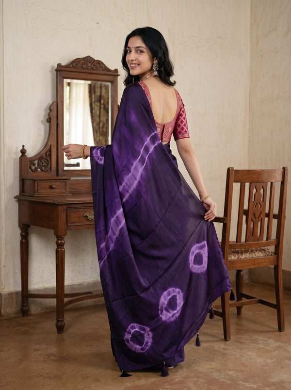 Synthetic Deep Purple Tie Dye Ring Pattern Saree with Tassels