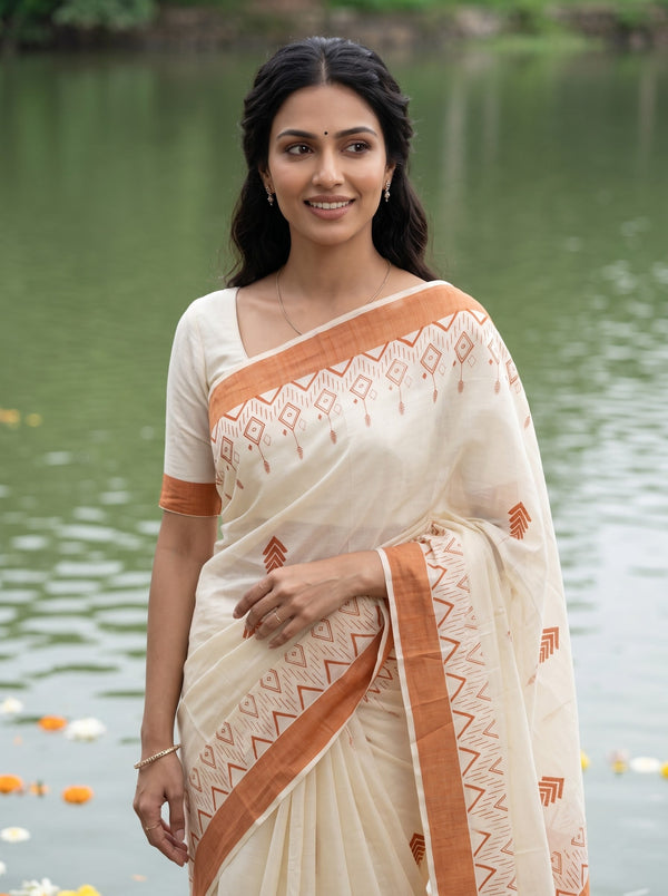 Cotton Off-White Orange Aztec Print Onam Special Kerala Saree