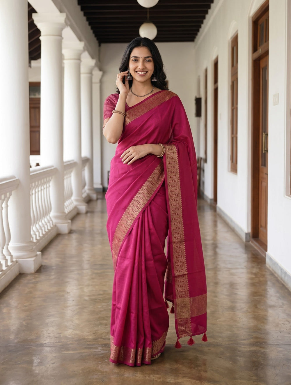 Cotton Silk Magenta Golden Zari Temple Border Saree