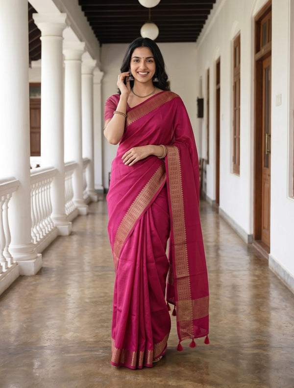 Cotton Silk Magenta Golden Zari Temple Border Saree