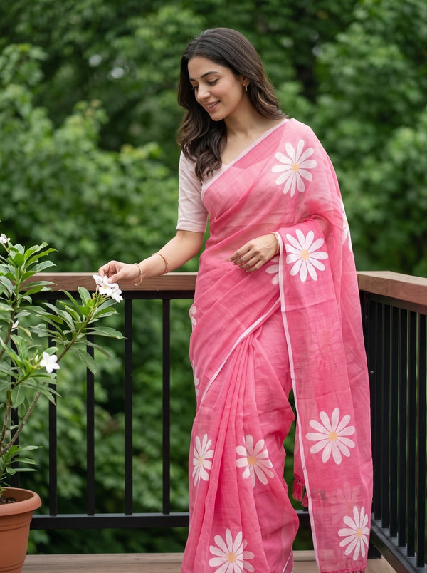 Cotton Pink Saree with White Daisy Floral Print