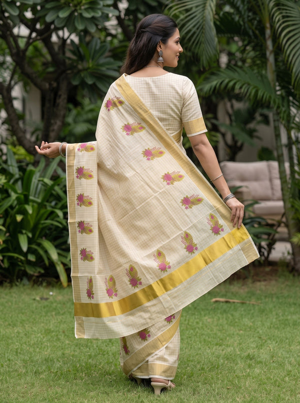 Tissue Cream Magenta Rose Print Kerala Saree with Golden Zari Border