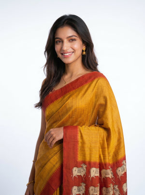 Semi Jute Mustard Yellow Traditional Design Saree