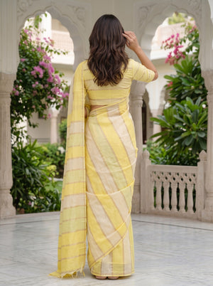 Chanderi Cotton Yellow Ombre Stripe Saree with Golden Zari Lines
