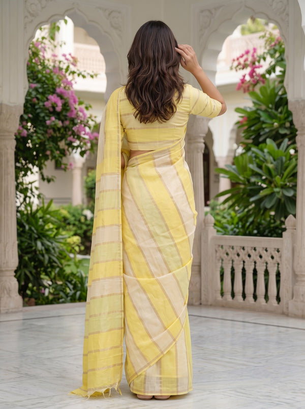 Chanderi Cotton Yellow Ombre Stripe Saree with Golden Zari Lines