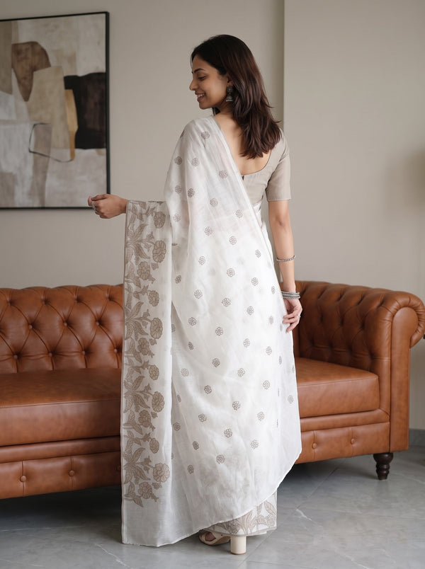 Net Kota Off-White Saree with Grey Floral Butta Design