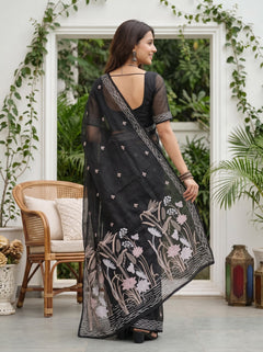 Organza Black Lotus Pond Dragonfly Embroidery Scenic Pallu