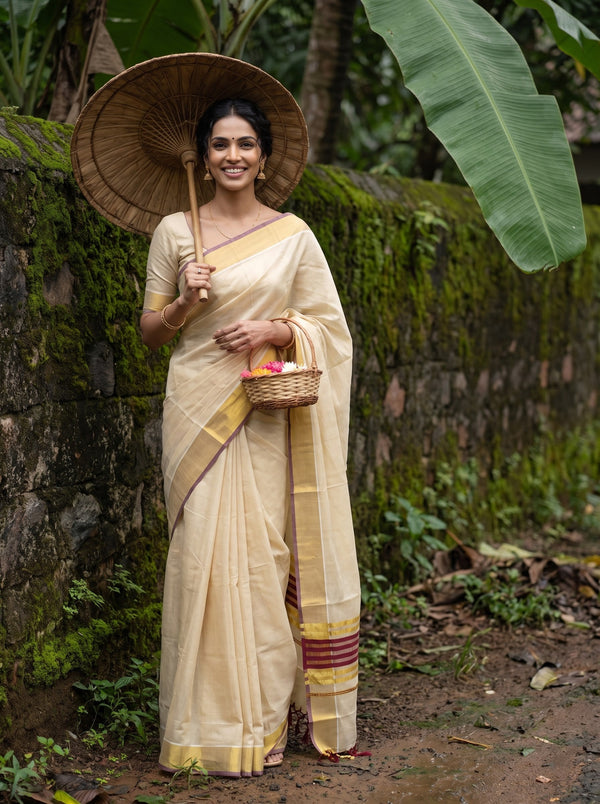Tissue Cream Gold Maroon Striped Border Onam Special Kerala Saree