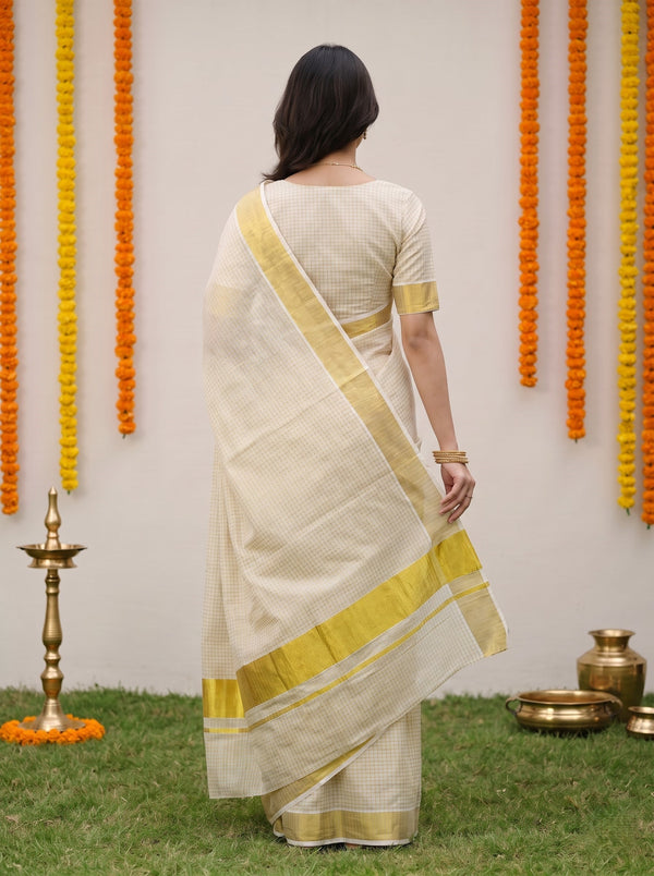 Tissue Cream Golden Fine Check Body Solid Zari Border Onam Festive Kerala Saree