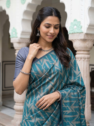 Matka Silk Teal Navy Gold Chevron Zigzag Diamond Pallu