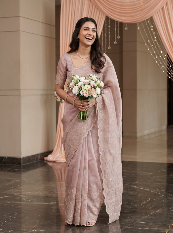 Tissue Silk Mauve Saree with All-Over Hibiscus Floral Embroidery