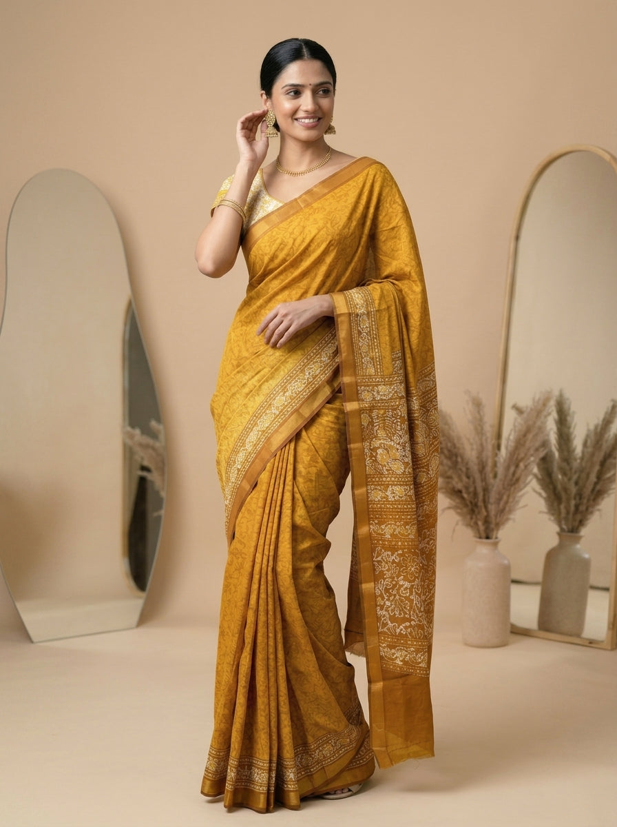 Soft Cotton Mustard Yellow Batik Print Saree with Floral Border