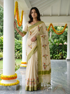 Tissue Cream Multicolor India Map Print Traditional Green Border Festive Kerala Saree