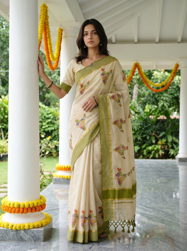 Tissue Cream Multicolor India Map Print Traditional Green Border Festive Kerala Saree