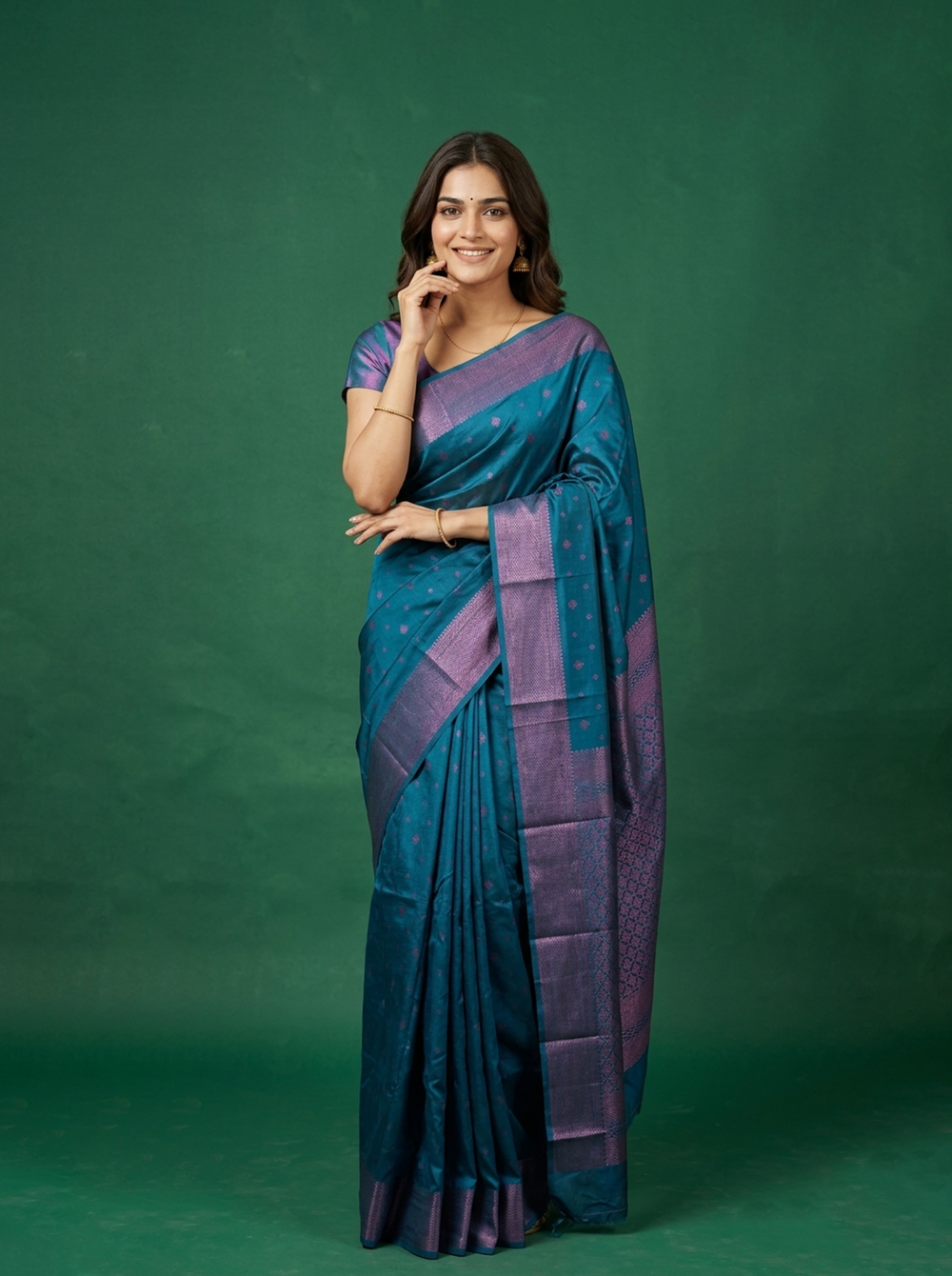 Semi Silk Peacock Blue Small Butti Saree