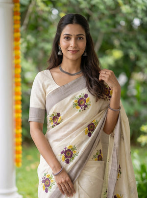 Tissue Cream Purple Floral Print Zari Border Kerala Saree