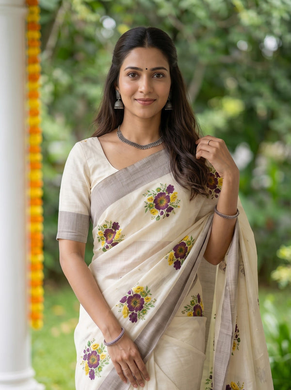 Tissue Cream Purple Floral Print Zari Border Kerala Saree