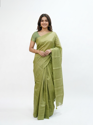 Semi Silk Pistachio Green Self Stripe Saree