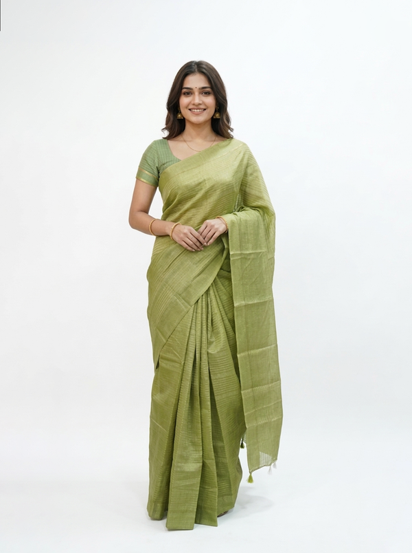Semi Silk Pistachio Green Self Stripe Saree