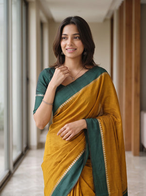 Cotton Silk Mustard Yellow Bottle Green Dual-Tone Saree