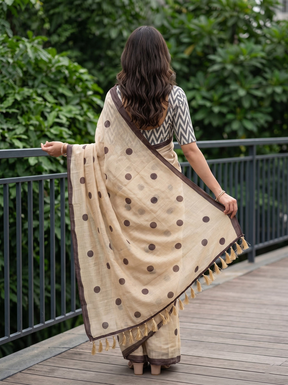 Cotton Saree in Beige with Brown Polka Dot Pattern